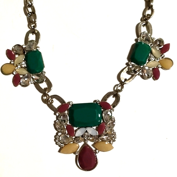 LOFT GREEN, BURGUNDY, DARK YELLOW ACRYLIC & RHINESTONE SILVER-TONE 19" NECKLACE - Picture 2 of 10